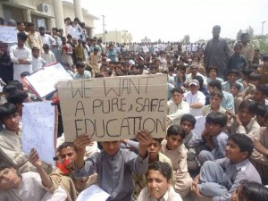 students protesting against threats to schools in Punjgur